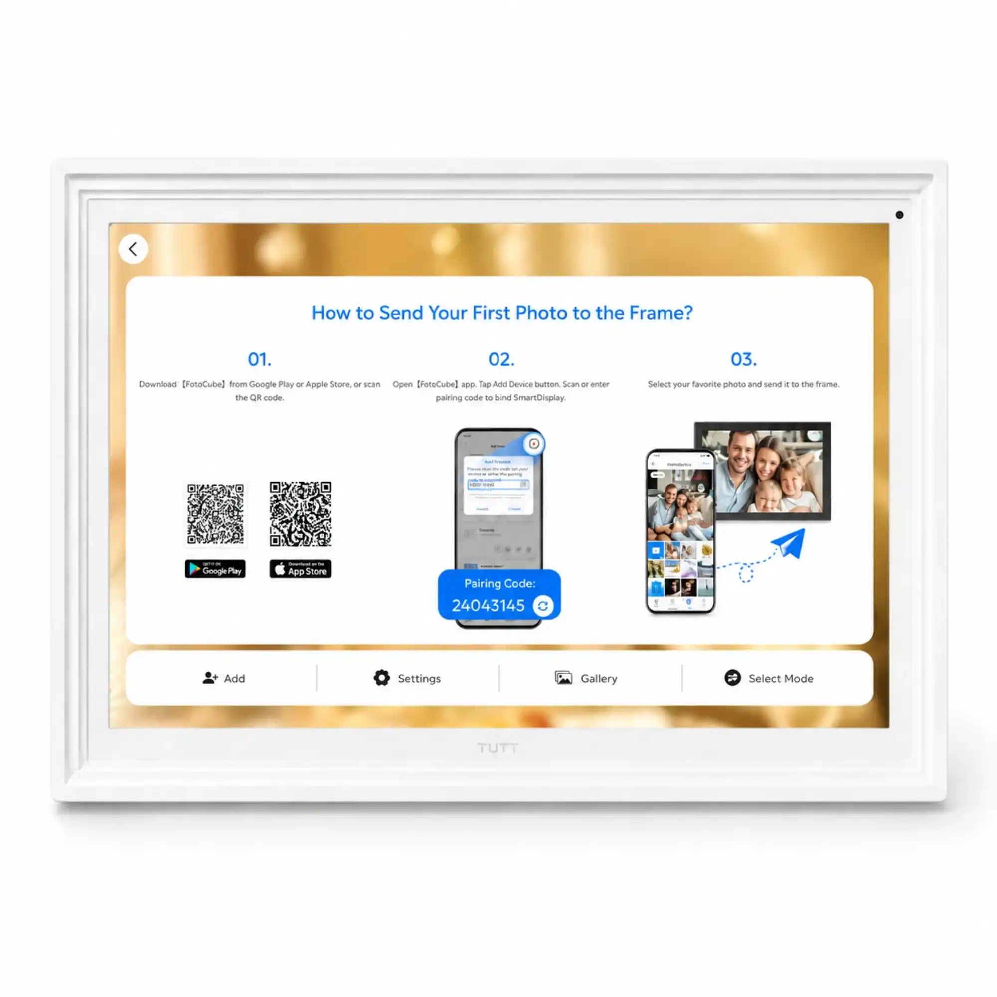 TUTT™ digital photo frame displaying setup guide with app pairing steps, QR codes, and family photo preview for easy home use