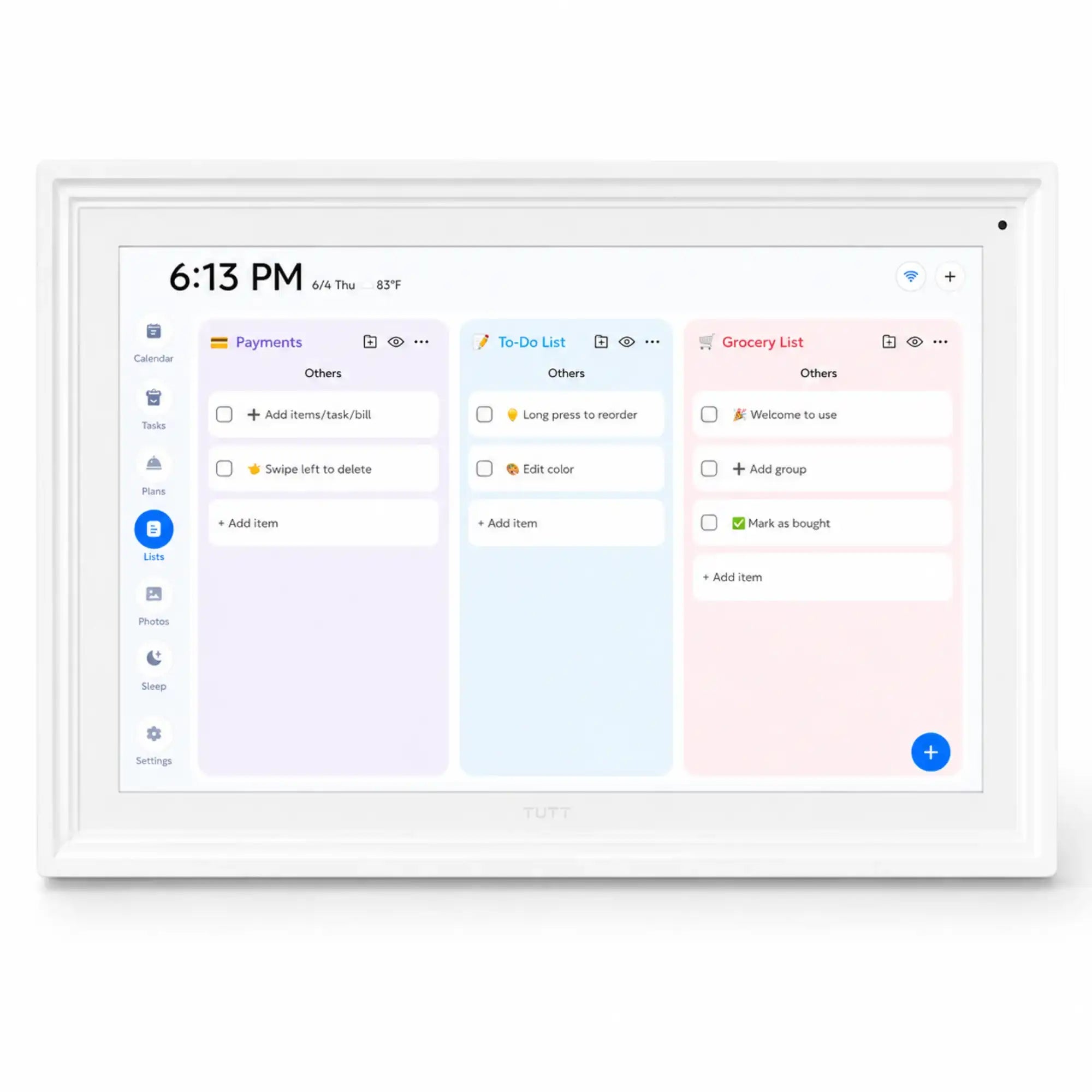 TUTT™ digital calendar displaying lists for payments, to-dos, and groceries on a sleek white smart display for home or office productivity.