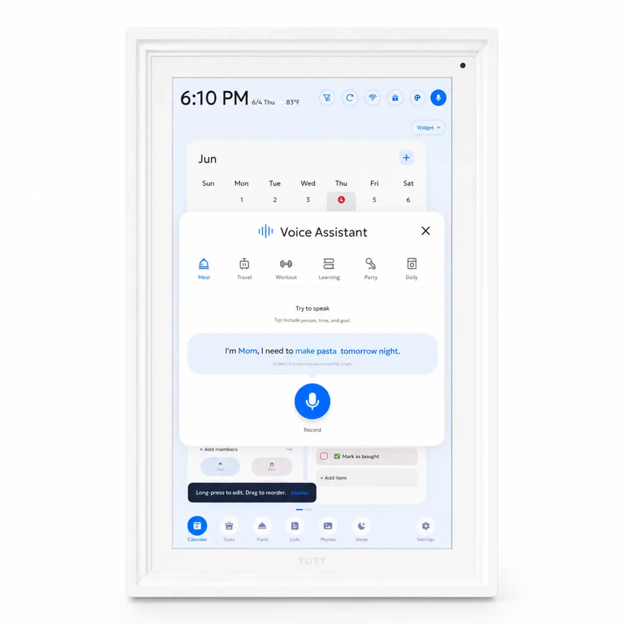 TUTT™ digital calendar with voice assistant for smart home scheduling, showing family meal planning and task management on a sleek white display.