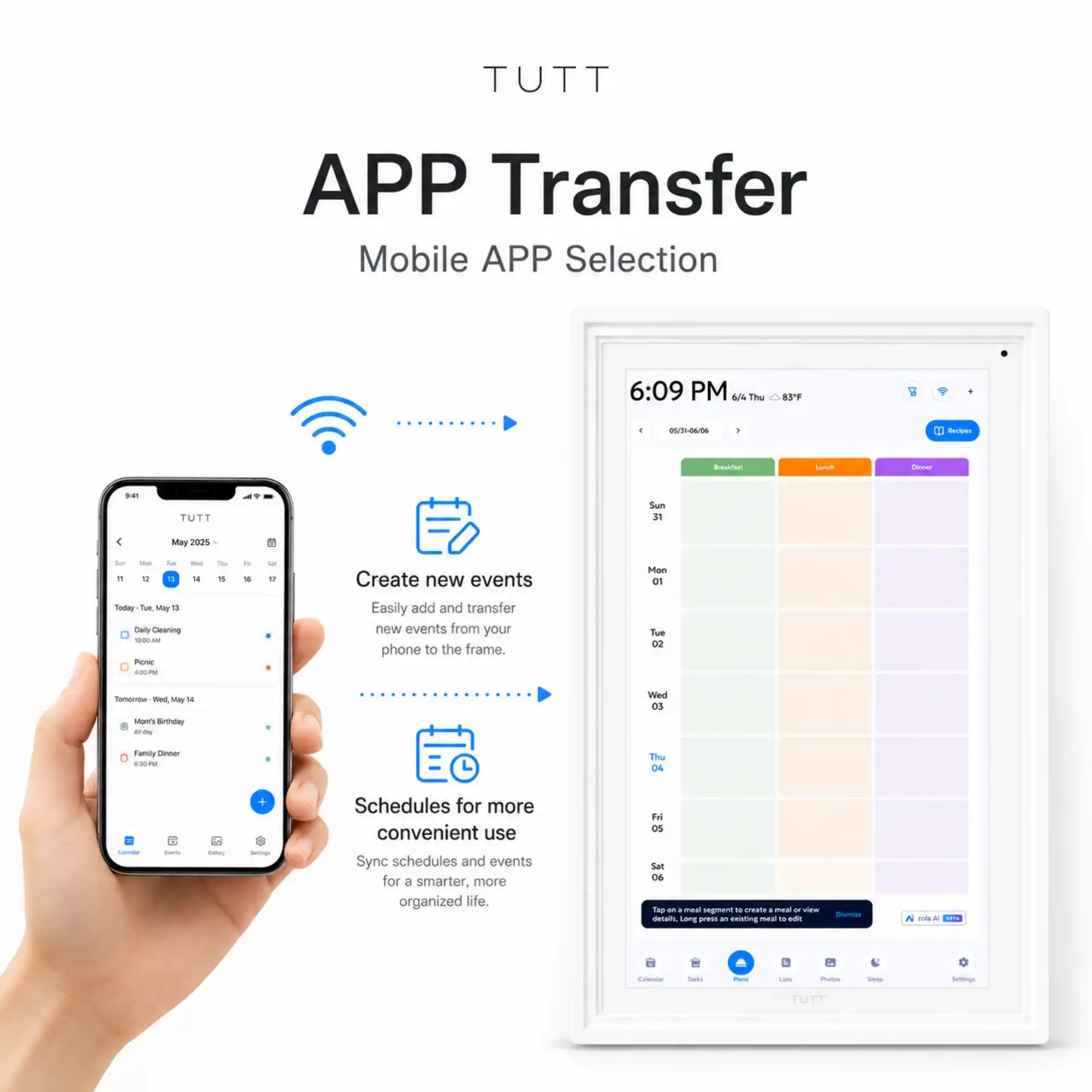 TUTT™ digital calendar syncing events from phone to smart frame for organized home or office scheduling