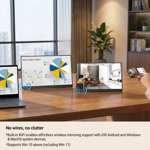 Wireless portable monitor on desk displaying sales report and room design, wirelessly mirroring smartphone and laptop screens, modern office setting TUTT