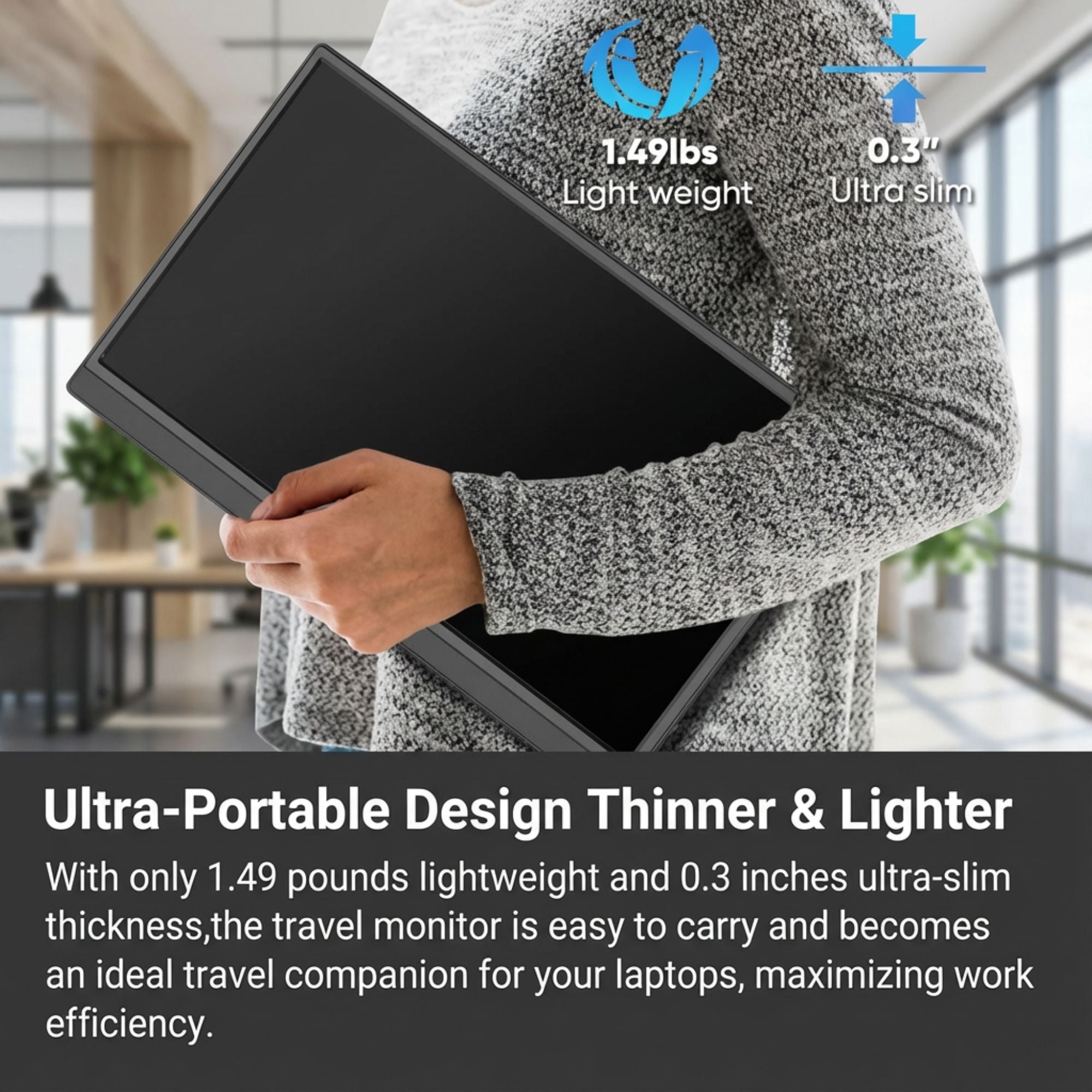 Person holding ultra-portable 15.6-inch wireless portable monitor, 1.49 lbs lightweight, 0.3-inch slim design in modern office setting TUTT