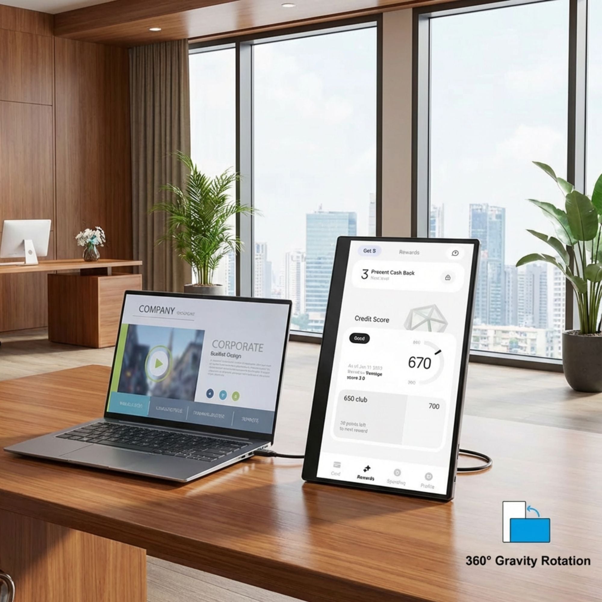 15.6-inch wireless portable monitor with built-in kickstand displaying credit score next to laptop on wooden desk in modern office, 360° gravity rotation feature, TUTT
