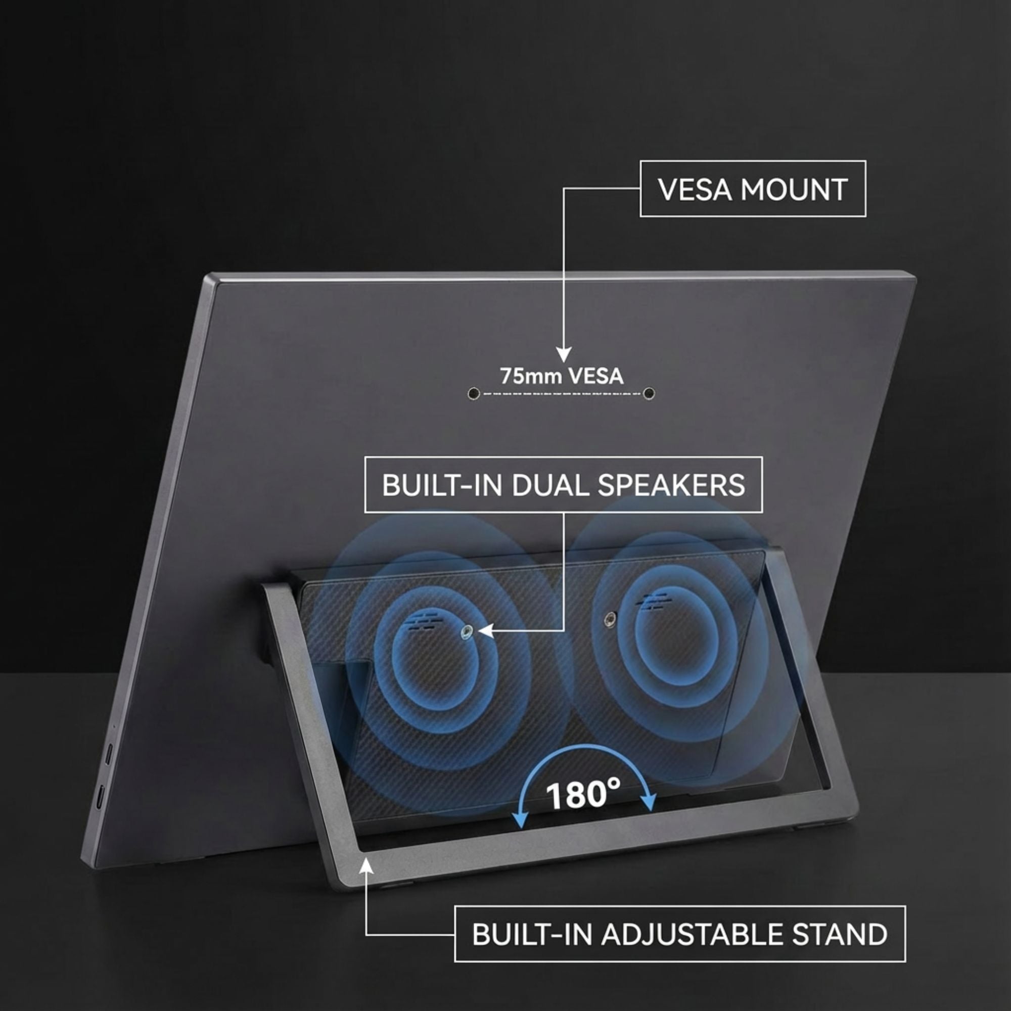 Back view of a portable monitor with 75mm VESA mount, built-in dual speakers, and 180° adjustable stand, TUTT