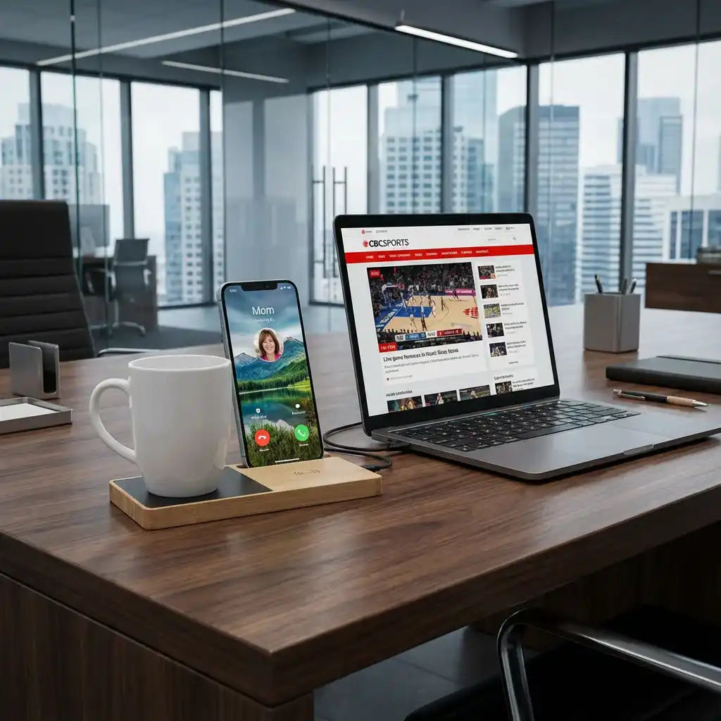 Laptop, smartphone, and coffee cup on a wooden desk with cityscape view TUTT 15W Wireless Charger – Bamboo Cup Warmer & Phone Stand