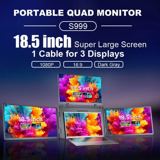 TUTT™ 18.5-inch portable quad monitor with 1080P IPS display, ideal for laptop extender setups in office or travel