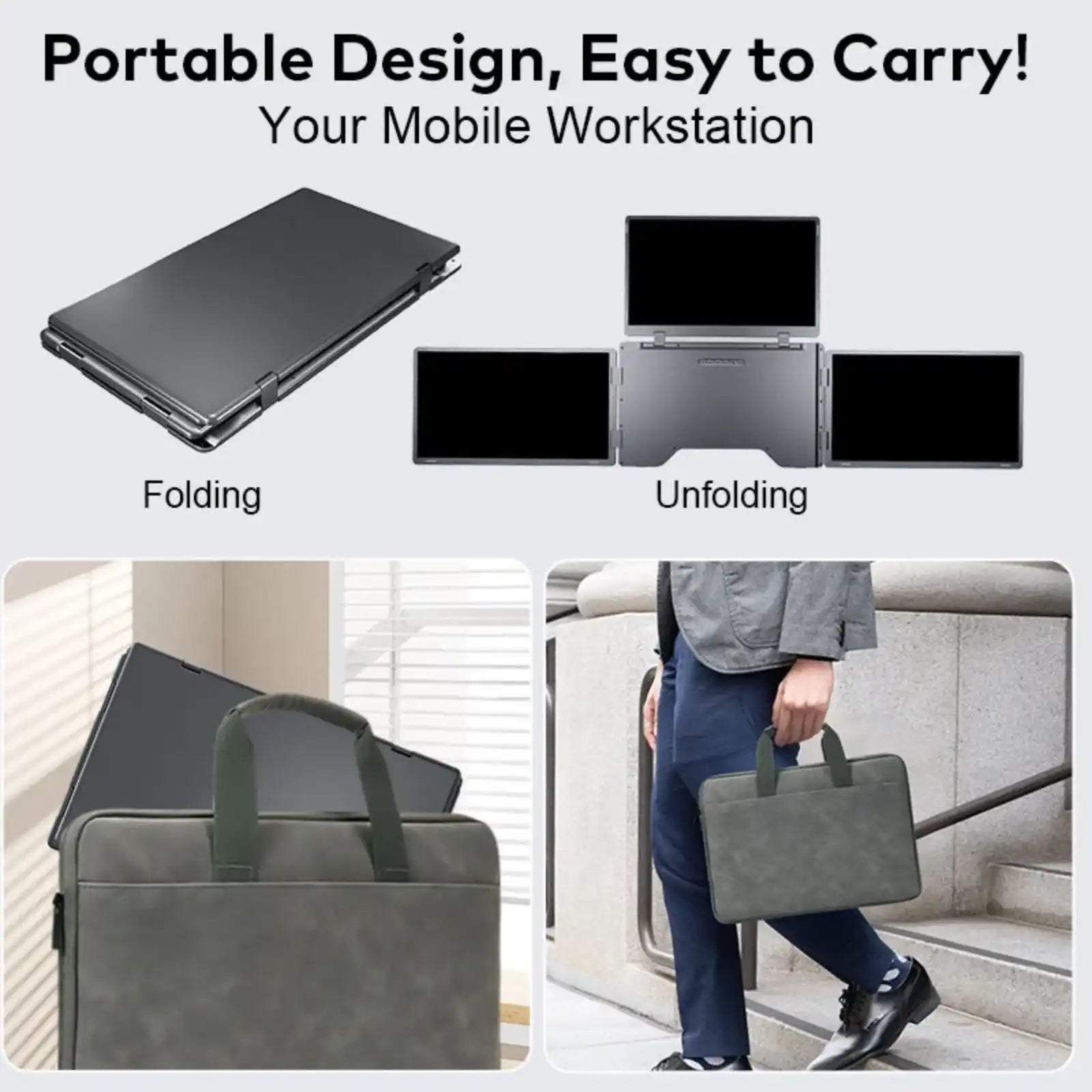 TUTT™ portable monitor folding into compact design, ideal for mobile workstations and travel, shown with carrying case