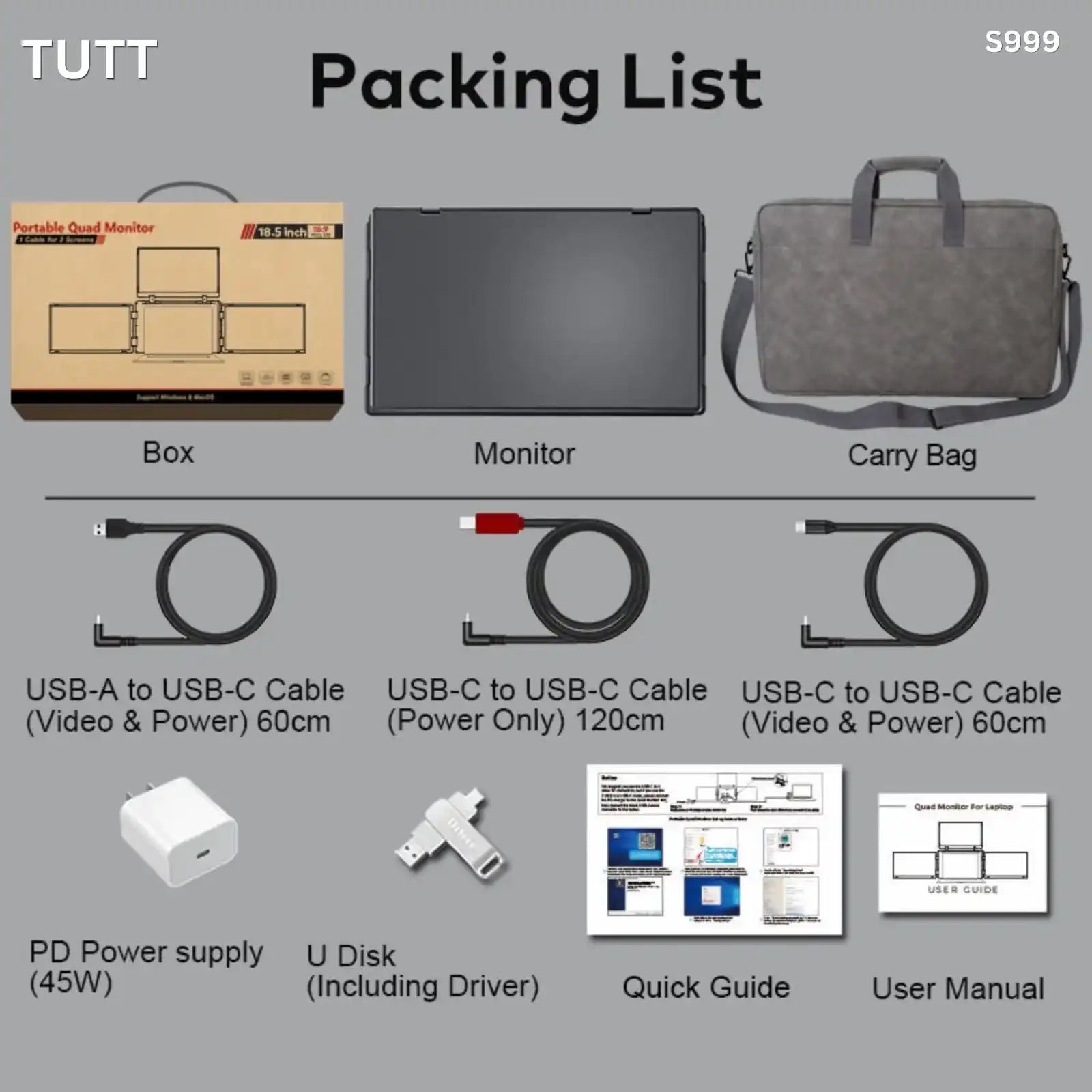TUTT™ 18.5-inch portable quad monitor with carry bag, USB-C cables, PD power supply, and user guides for laptop productivity