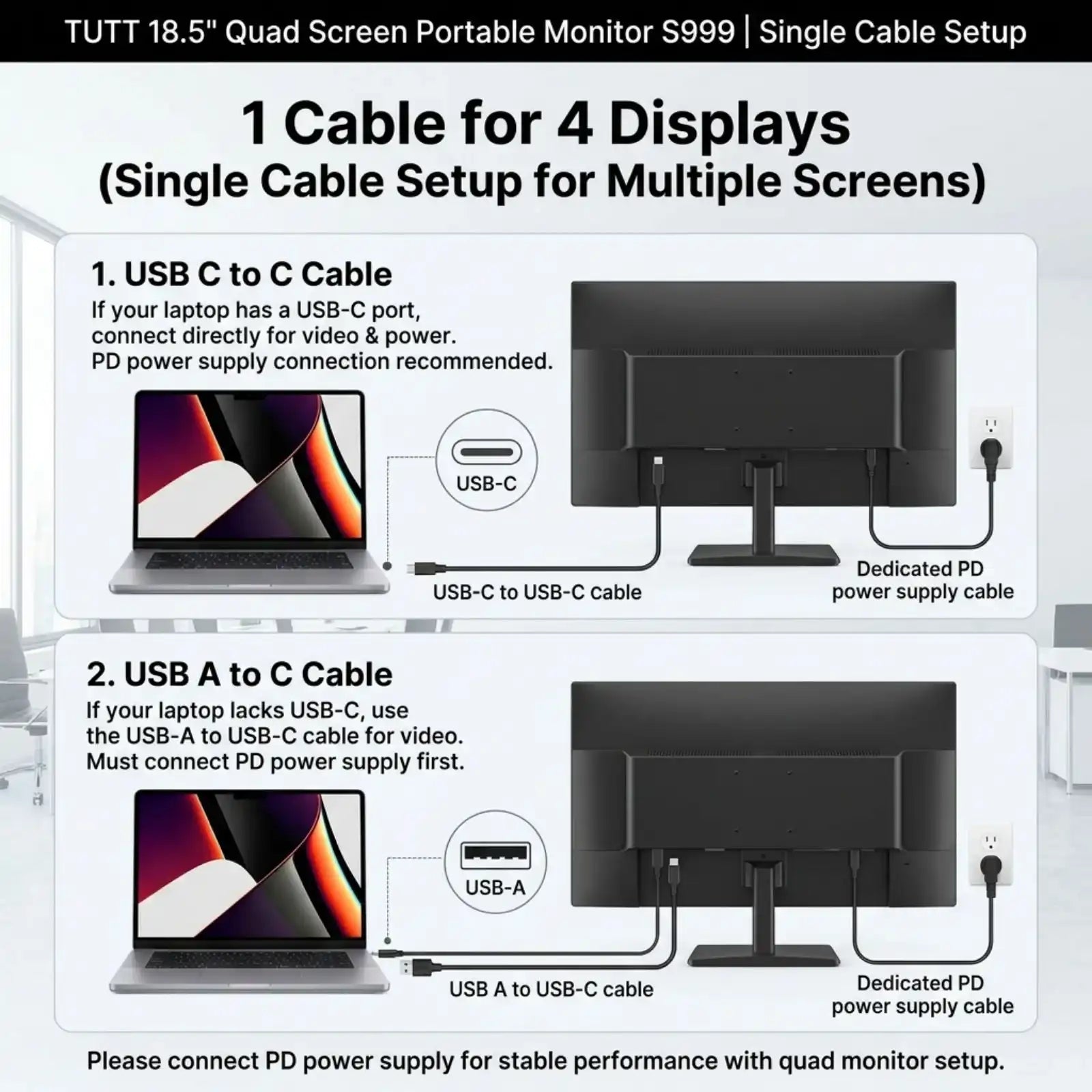 TUTT™ 18.5" portable monitor setup with single cable for multiple screens, ideal for productivity or gaming.