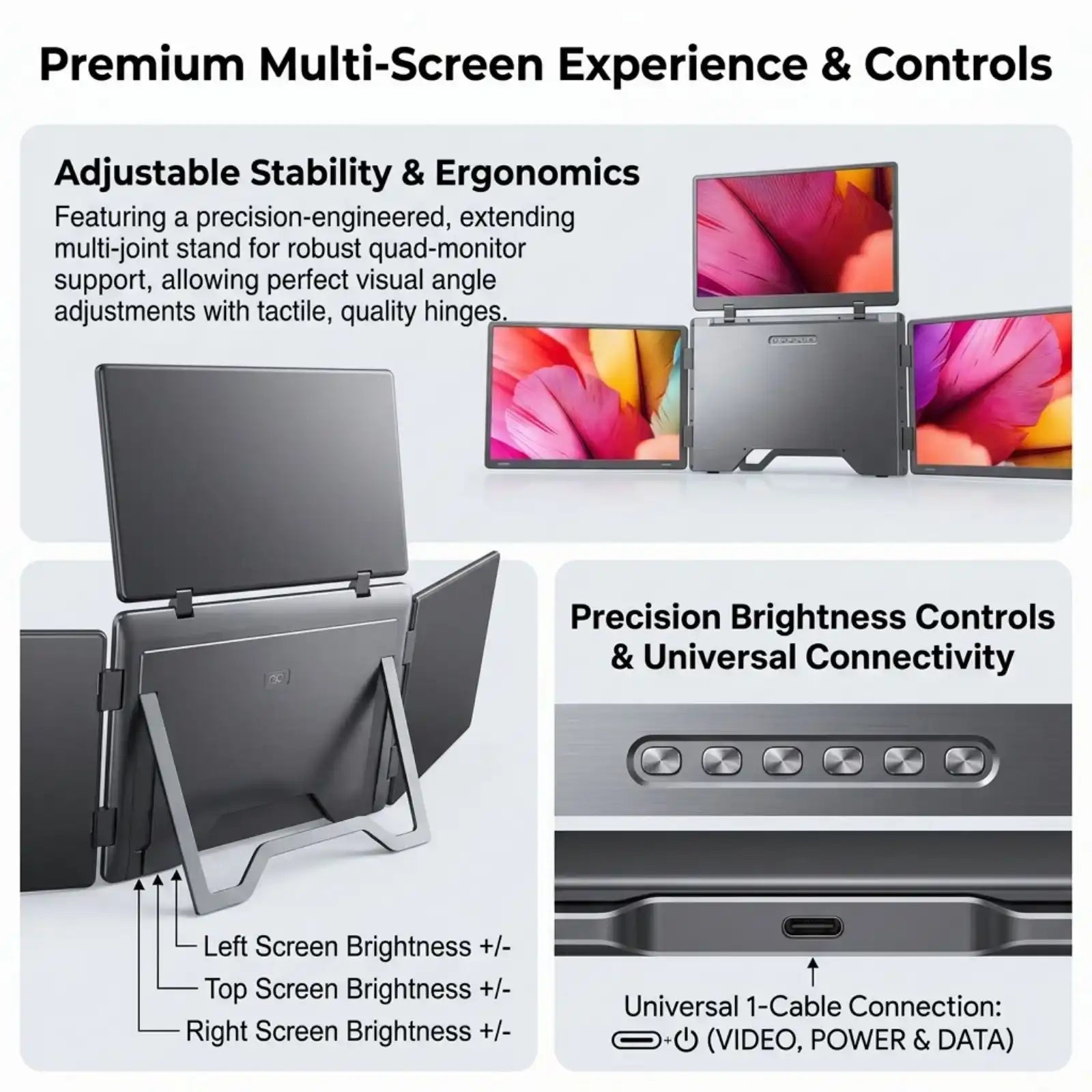 TUTT™ portable monitor with adjustable multi-screen setup, ergonomic stand, and universal 1-cable connectivity for productivity