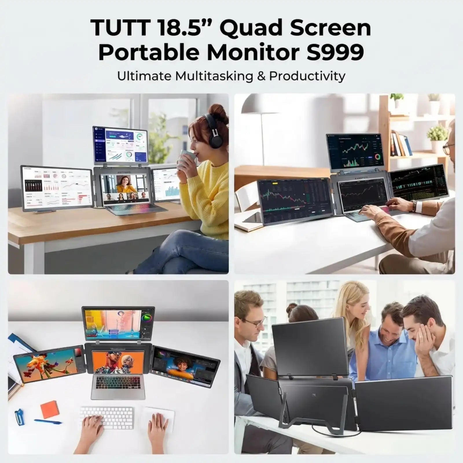 TUTT 18.5” Quad Screen Portable Monitor S999 for multitasking, boosting productivity in office or home setups.