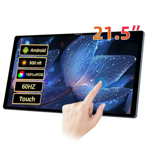 21.5-inch Android smart display showing blue flower, touch interface, specs icons, TUTT