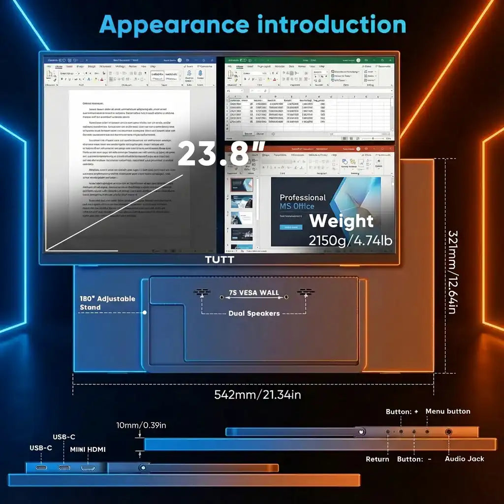 TUTT 23.8" Wireless Portable Monitor 120Hz, Screen Extender for Mobile Laptop | S23W