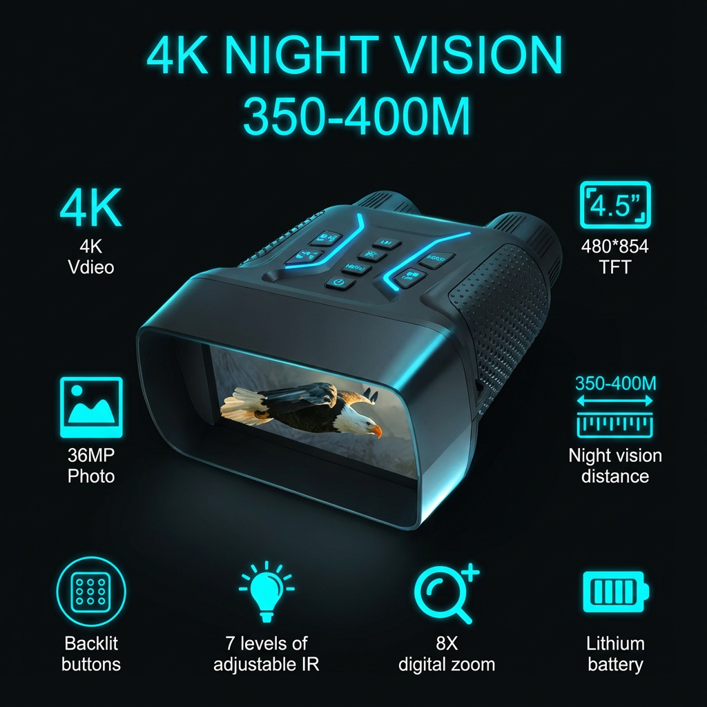 4K infrared night vision binoculars with HD screen, digital zoom, and backlit buttons, TUTT
