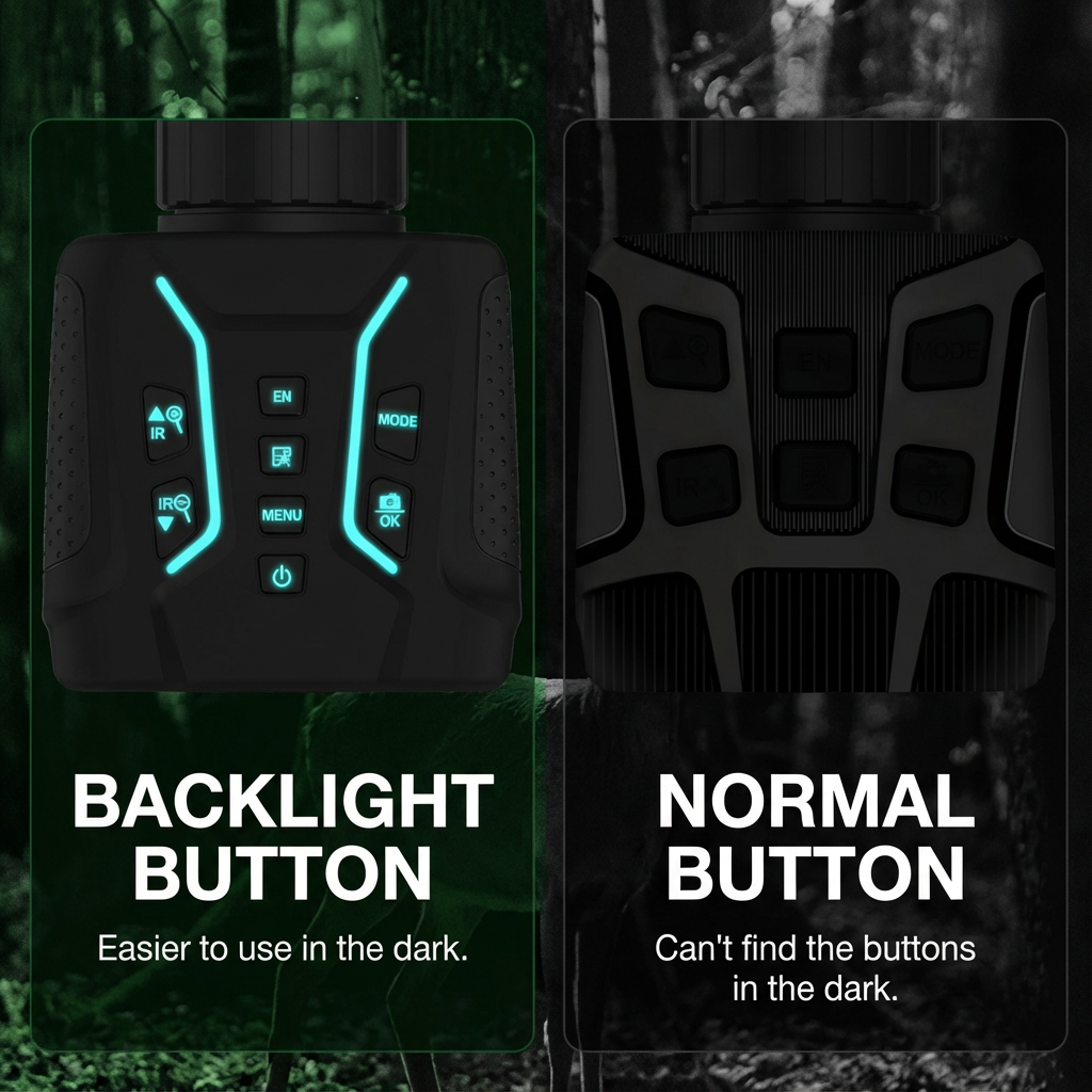Side-by-side comparison of TUTT 4K infrared night vision camera controls showing backlit versus normal buttons, highlighting ease of use in the dark. TUTT