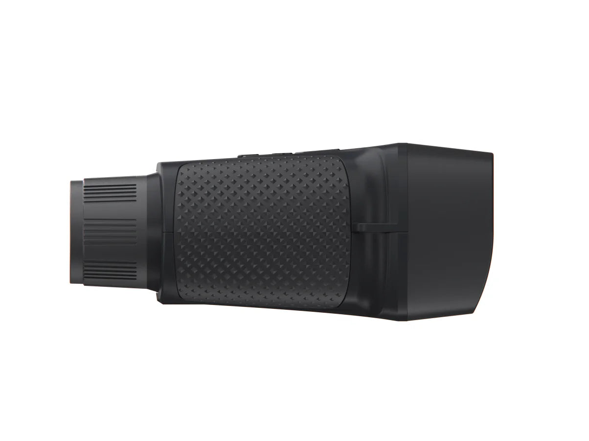 Side view of black 4K infrared night vision camera binoculars with textured grip, TUTT