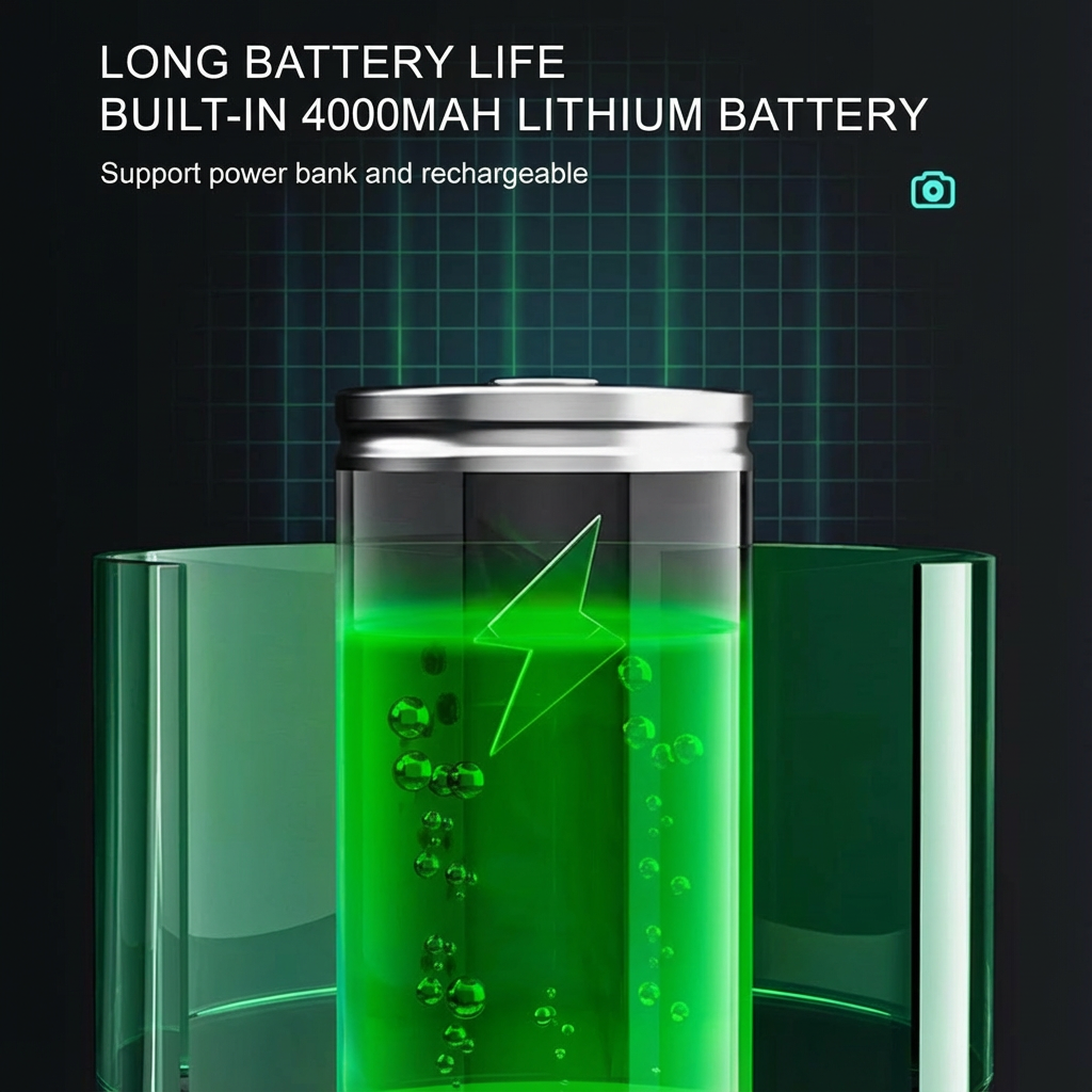 Green lithium battery icon with lightning bolt, highlighting 4000mAh capacity and long battery life, TUTT