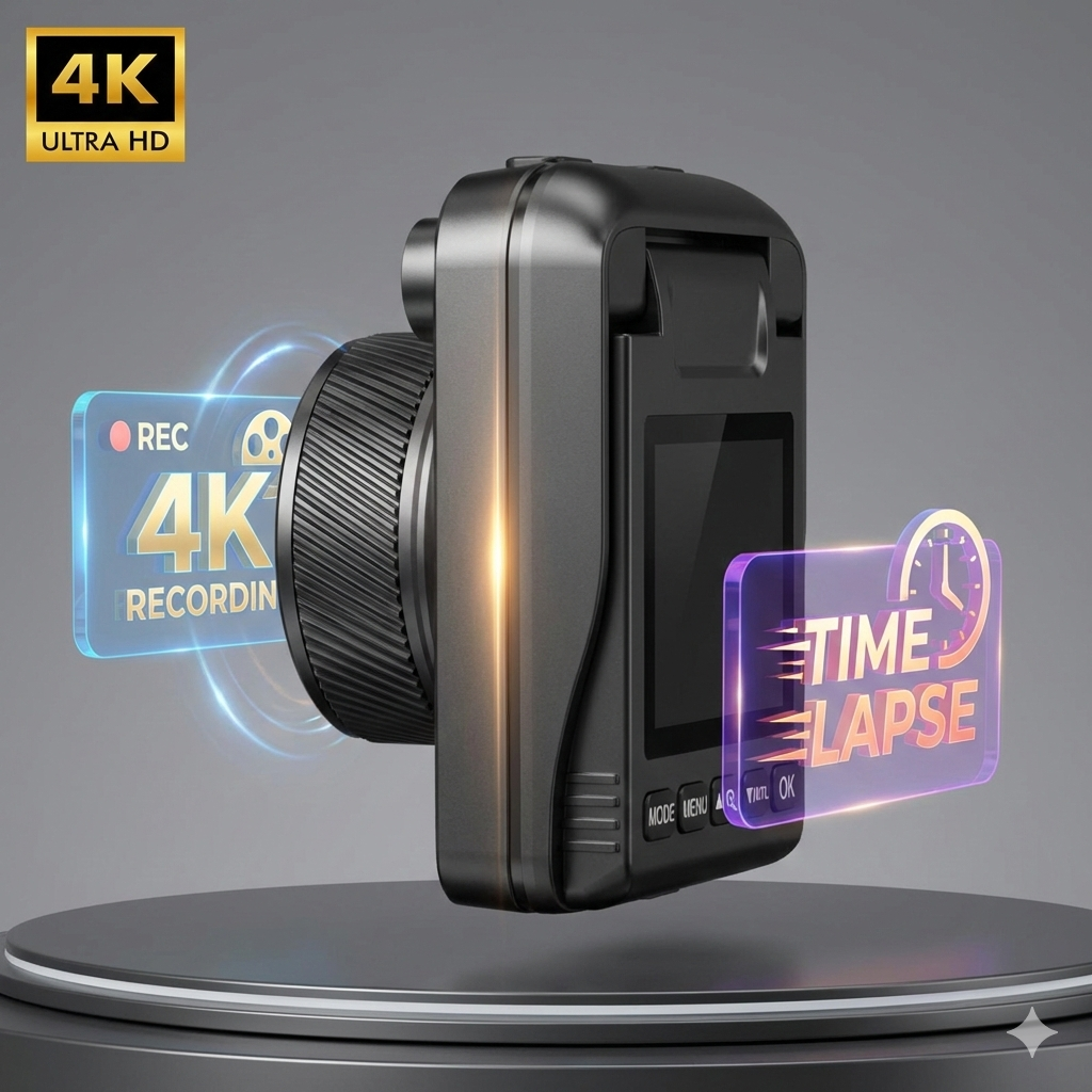 Professional 4K Ultra HD construction time lapse camera on display with time lapse and 4K recording icons, TUTT