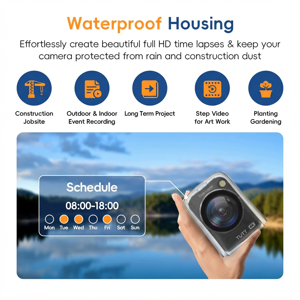 Hand holding TUTT 4K waterproof time lapse camera outdoors, features for construction, events, and long-term projects. TUTT