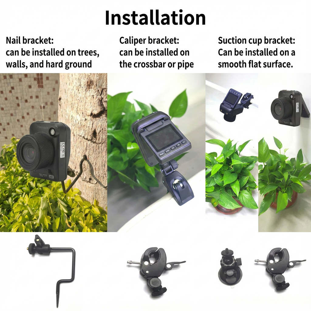 Time lapse camera installation options with nail, caliper, and suction cup brackets, TUTT