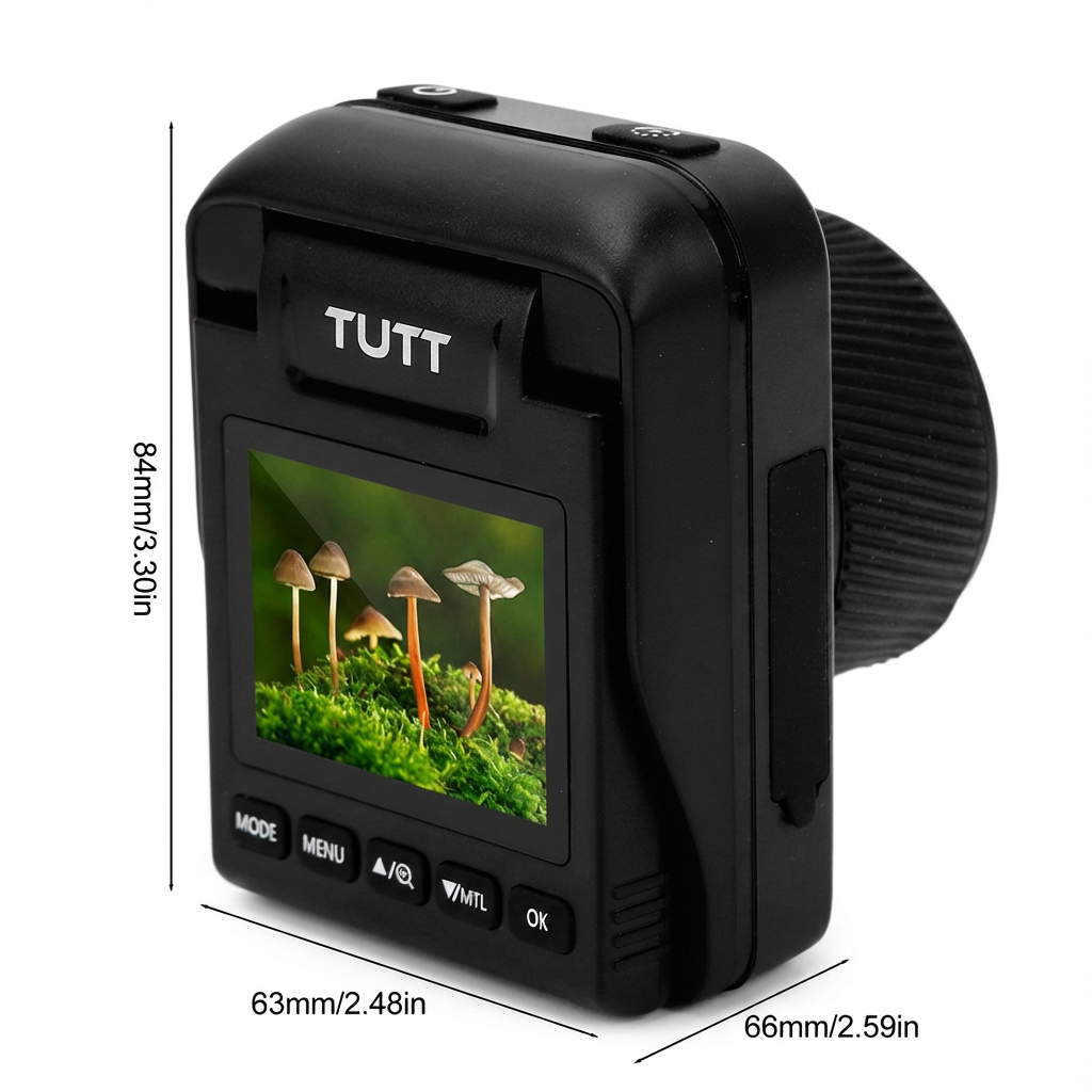 TUTT 4K time lapse digital camera with display screen, showing size dimensions, black body. TUTT