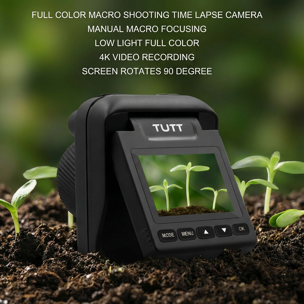 TUTT 4K time lapse camera filming plant seedlings in soil, rotatable screen, macro focus. TUTT