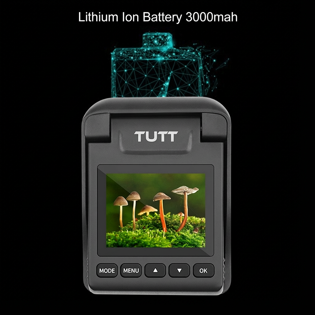 TUTT 4K time lapse camera with LCD screen displaying mushrooms, 3000mAh lithium battery. TUTT