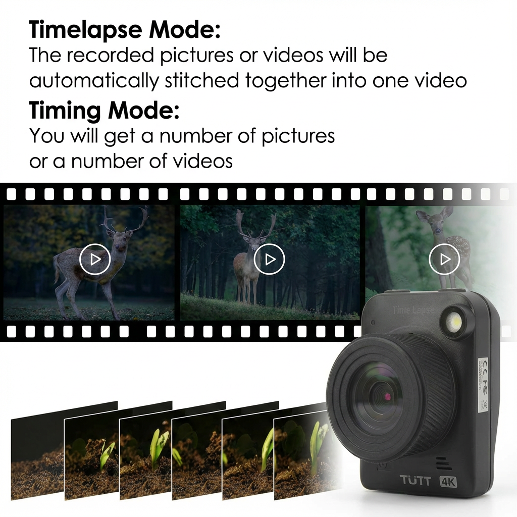 TUTT 4K time lapse camera with lens close-up, filmstrip showing deer and plant growth, text on timelapse and timing modes. TUTT