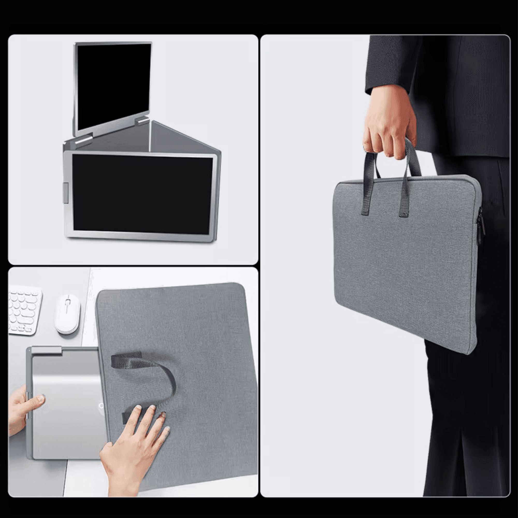 Portable quad-screen monitor setup, gray carrying case, and user holding laptop bag TUTT