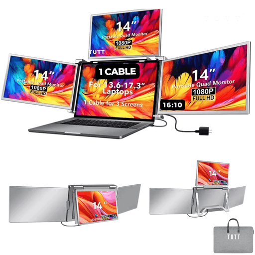 14 inch portable quad screen monitor setup for laptops, Full HD 1080P, one cable, TUTT
