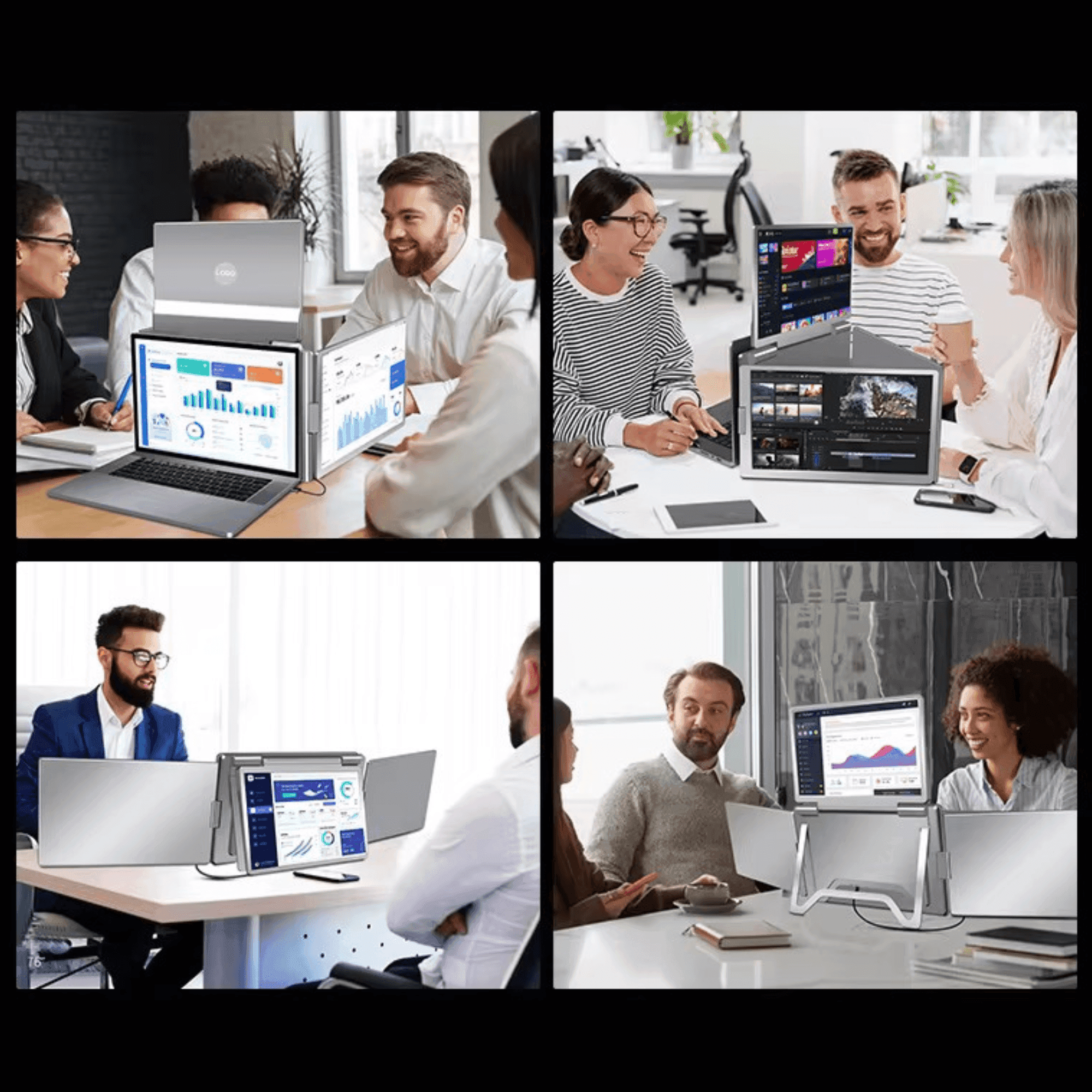 Business teams using quad screen portable monitors with laptops in office settings, TUTT