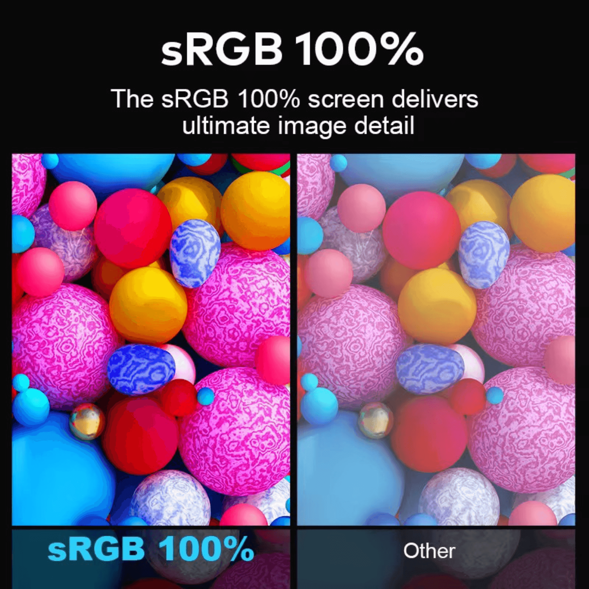 Comparison of sRGB 100% vs other display quality with vibrant colored spheres, TUTT
