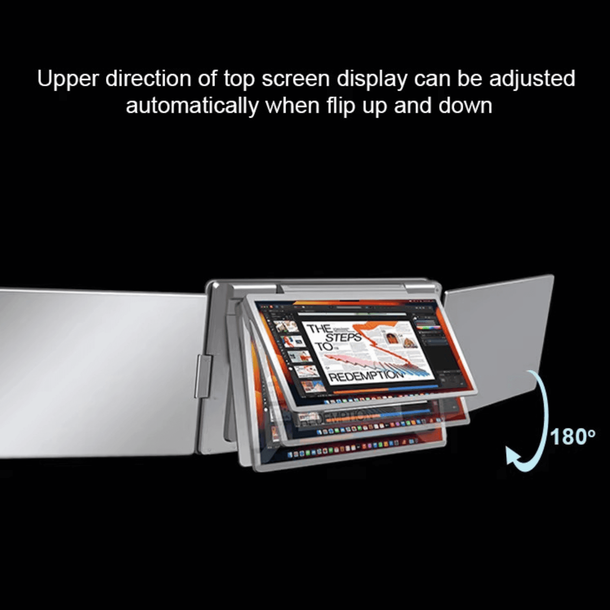 Quad screen portable monitor with adjustable top screen rotation, black background, TUTT
