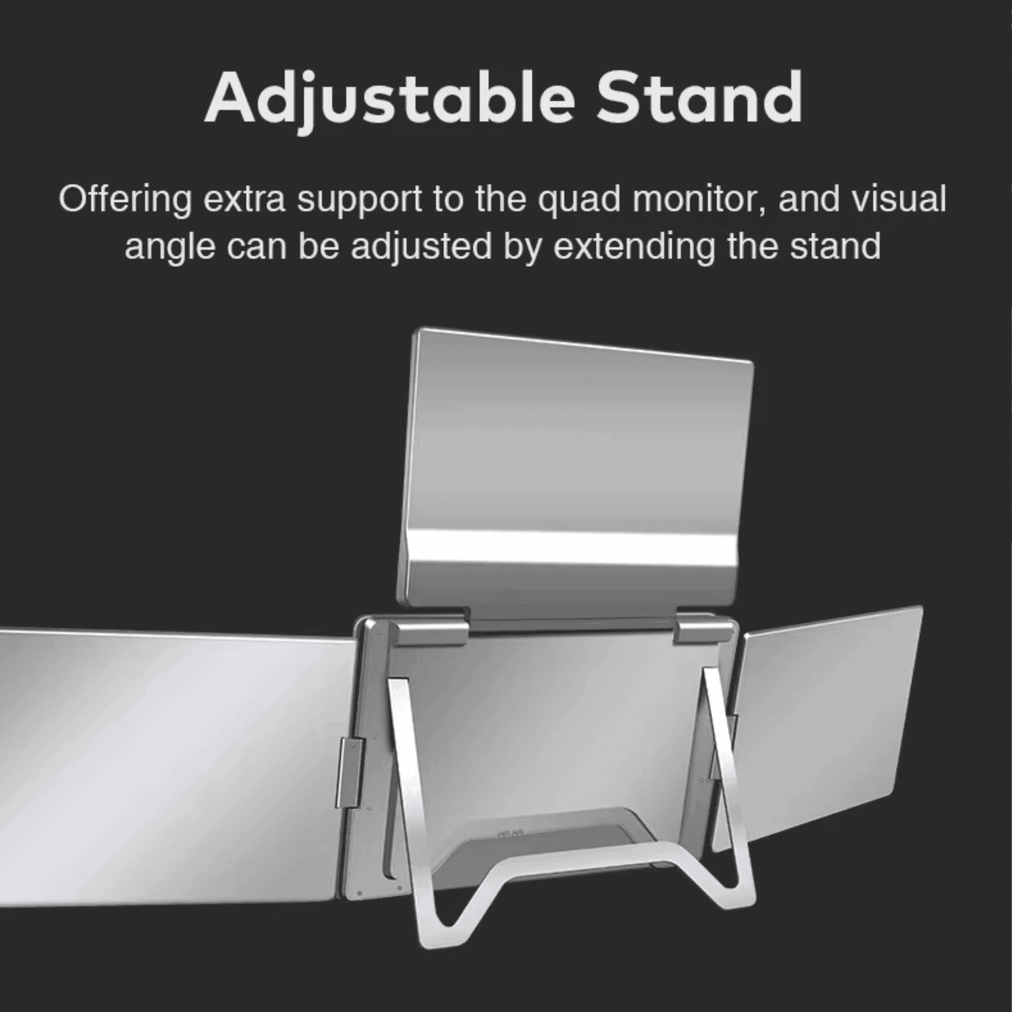 Quad screen portable monitor with adjustable stand on black background, extra support feature, TUTT