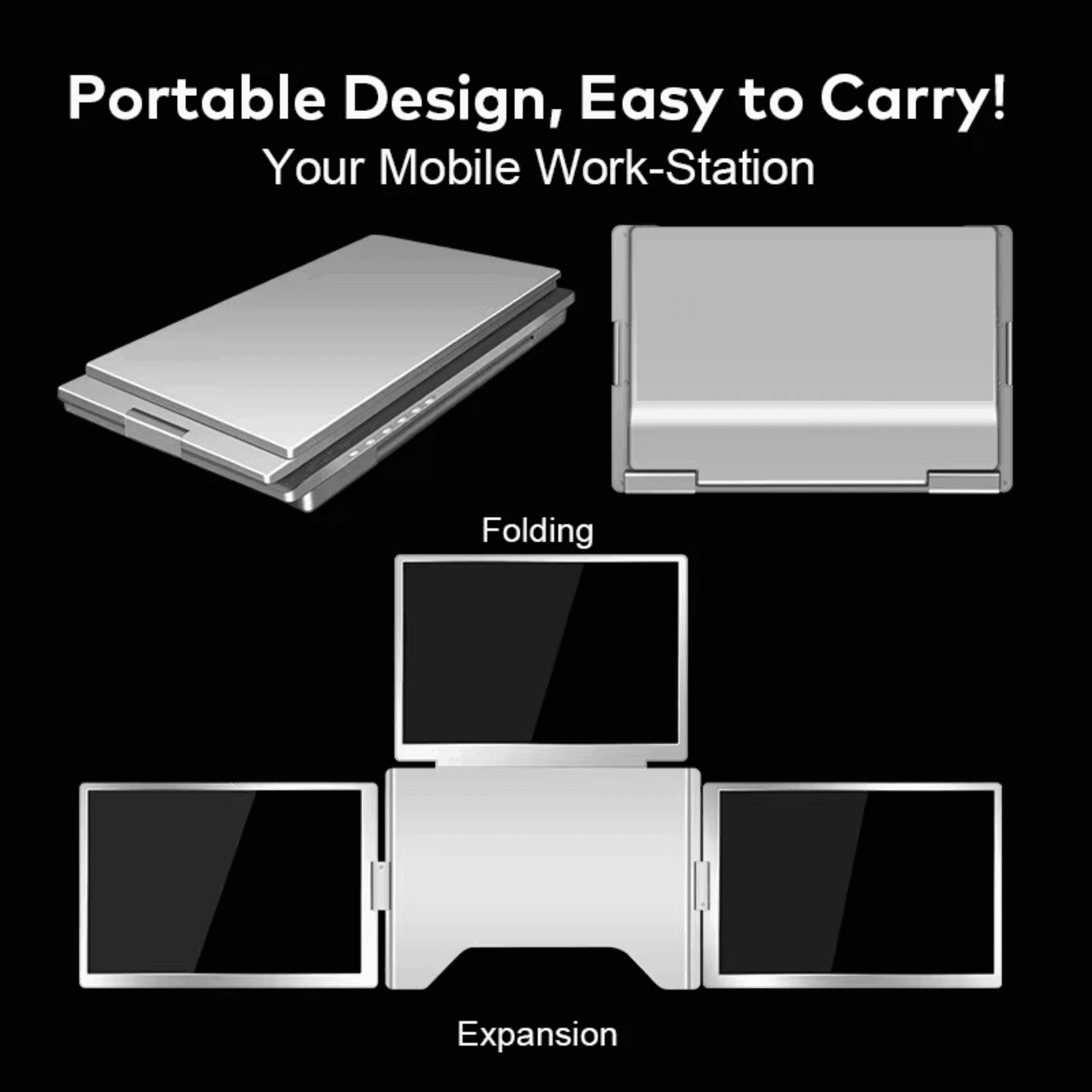 Portable quad-screen monitor in folded and expanded views, mobile workstation TUTT