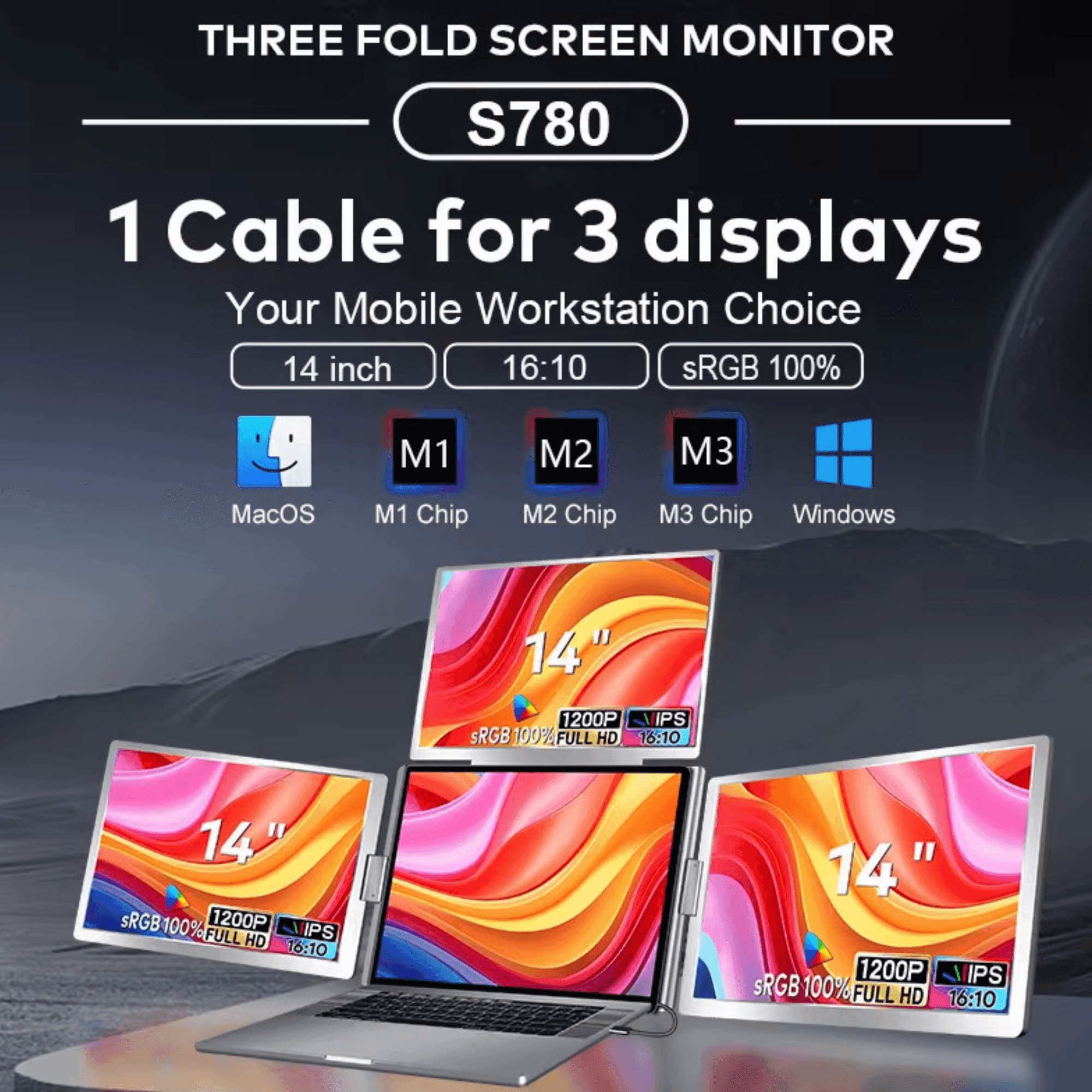 Three fold S780 portable quad screen monitor for laptops, 14 inch, sRGB 100%, TUTT