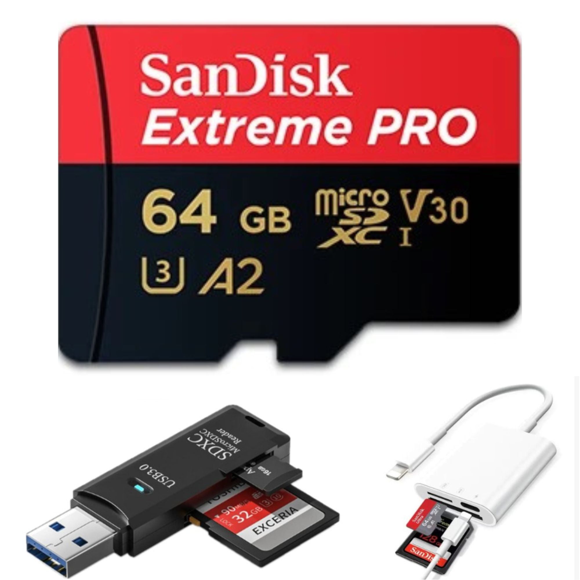 TUTT 3 in 1 | SanDisk Extreme PRO®  64/128/256/512GB 1TB Ultra microSDXC MicroSD Memory Card Speed 200MB/s Read | 90MB/s + Lightning to SD Card iPhone iPad + 2-in-1 SD Card Reader USB3.0 5Gbps