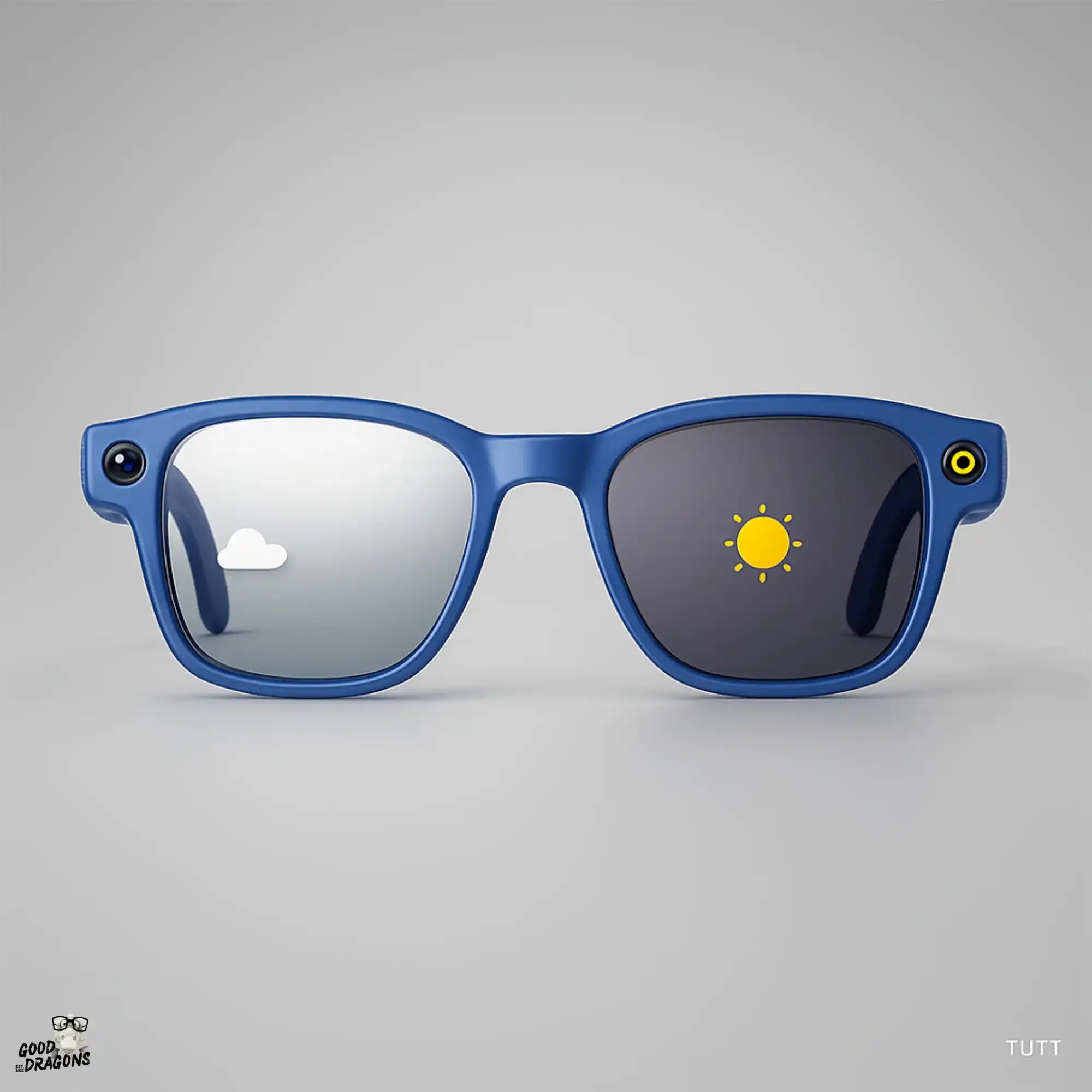 Blue AI camera glasses with one clear lens featuring a cloud icon and one dark lens with a sun icon TUTT
