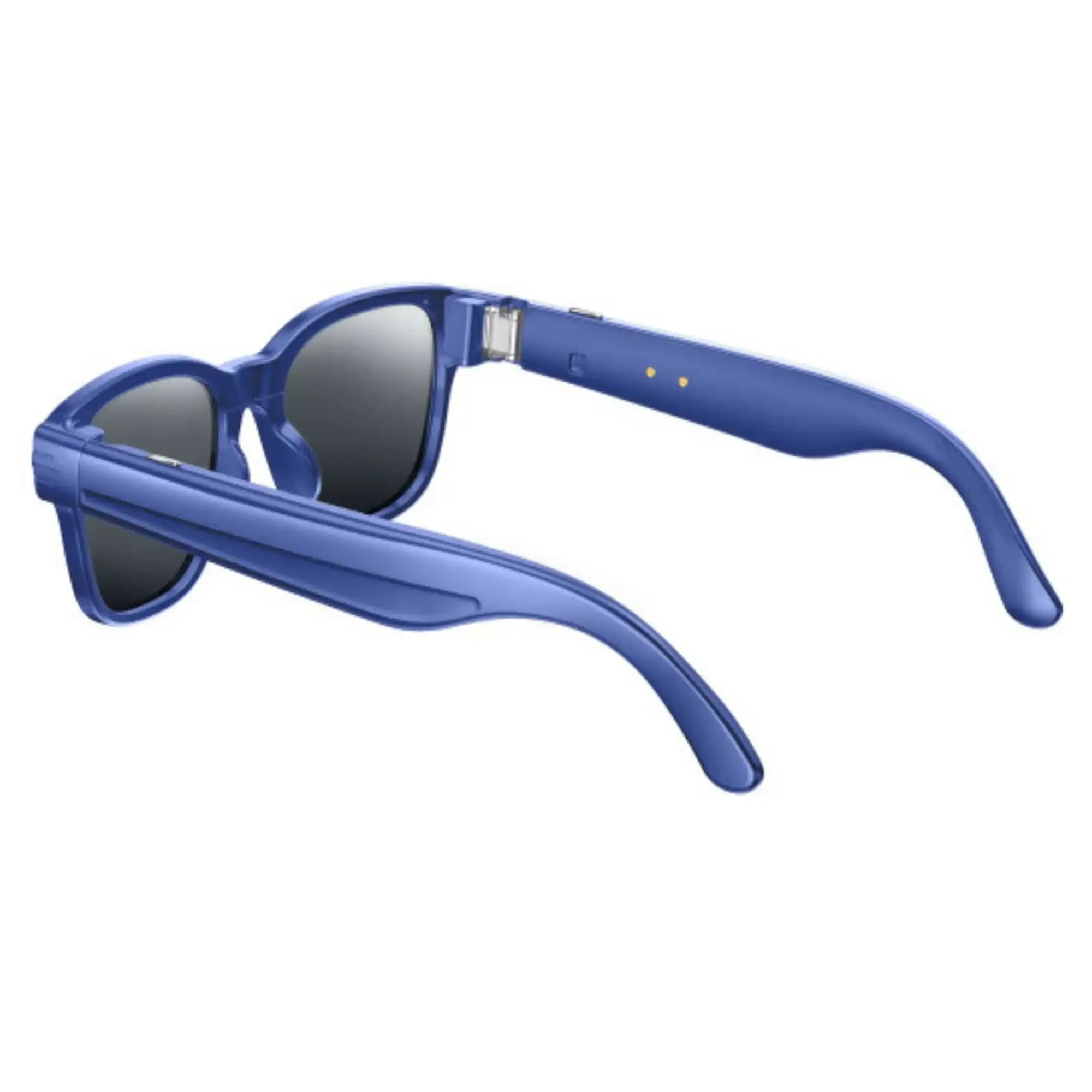 Blue smart sunglasses with dark lenses and thick temples against white background TUTT