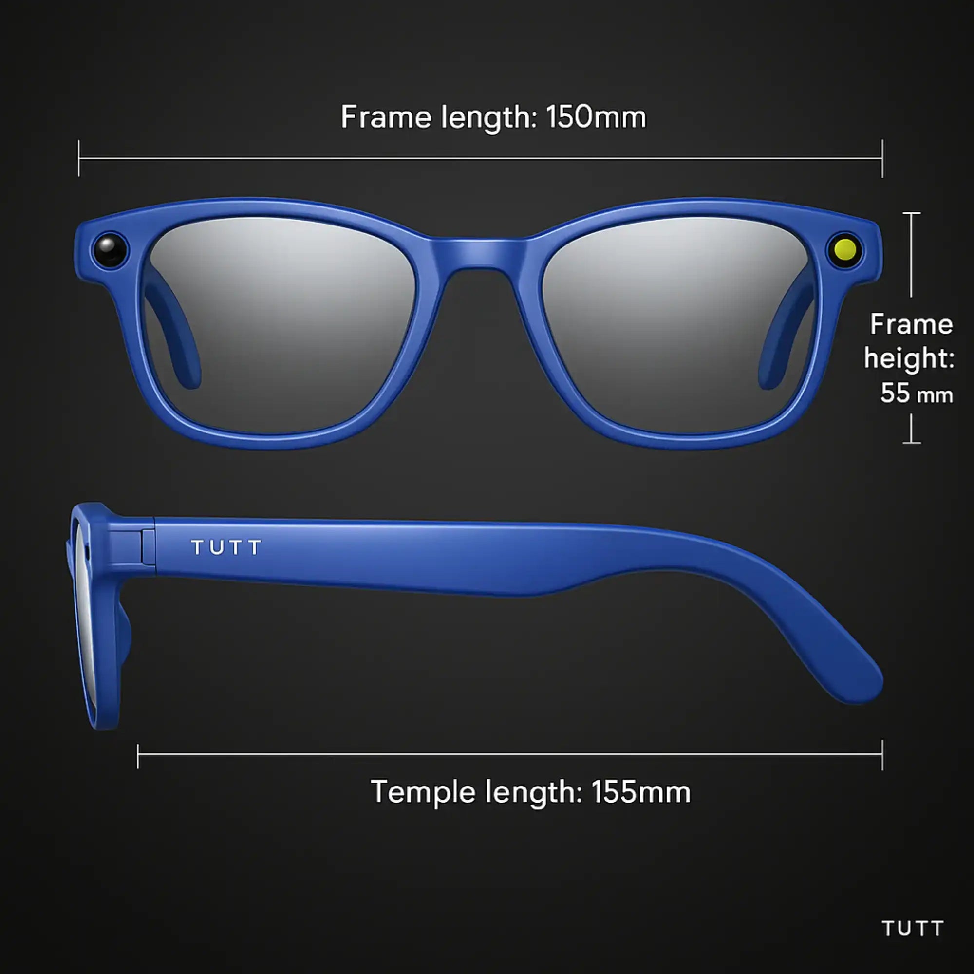 Blue smart glasses with front view showing frame length 150mm and frame height 55mm, side view with temple length 155mm, TUTT branding TUTT