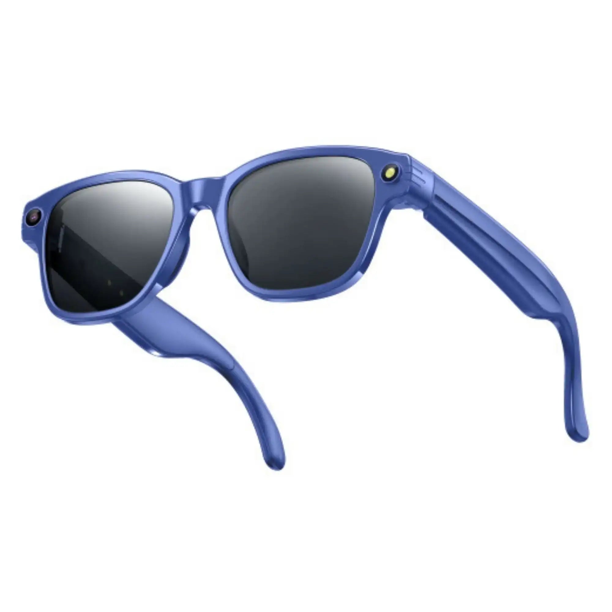 Blue smart sunglasses with built-in camera and dark tinted lenses on white background TUTT