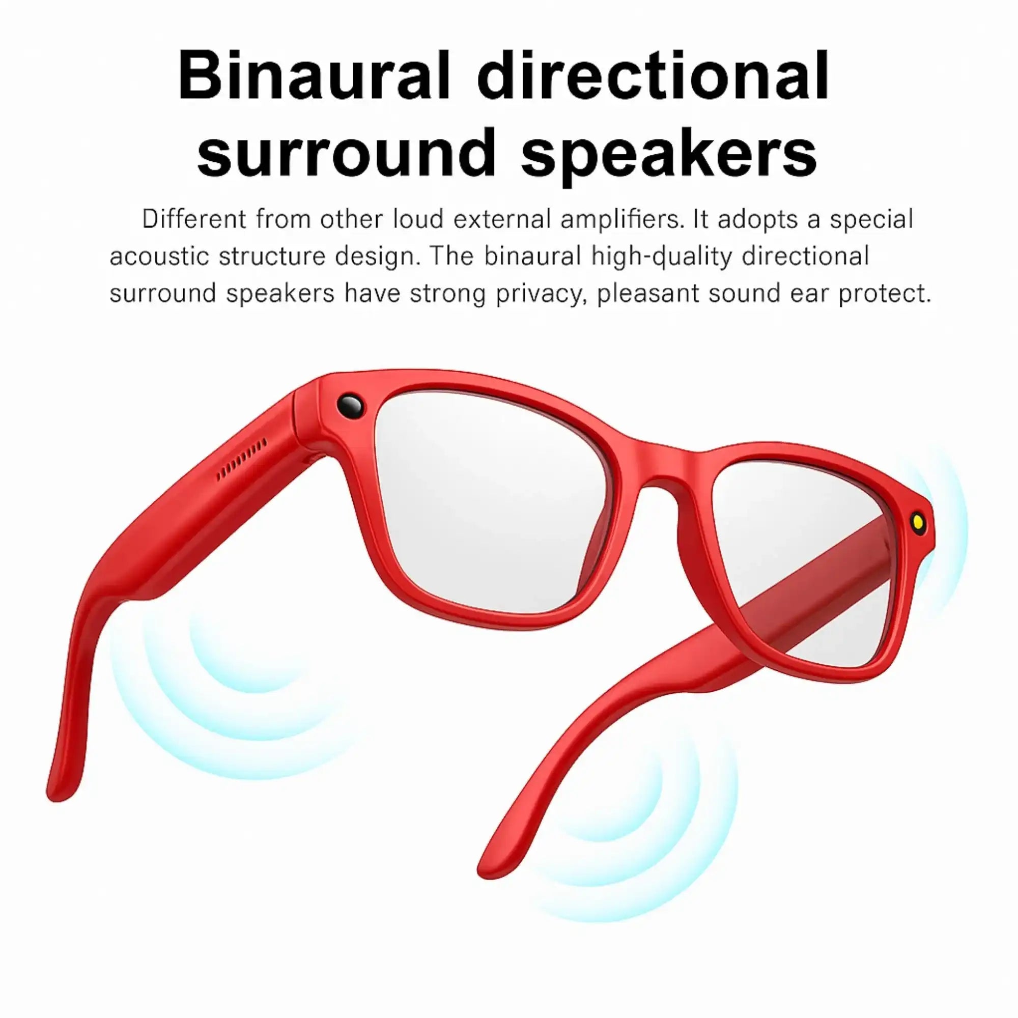 Red smart glasses with binaural directional surround speakers emitting blue sound waves, showcasing audio technology TUTT