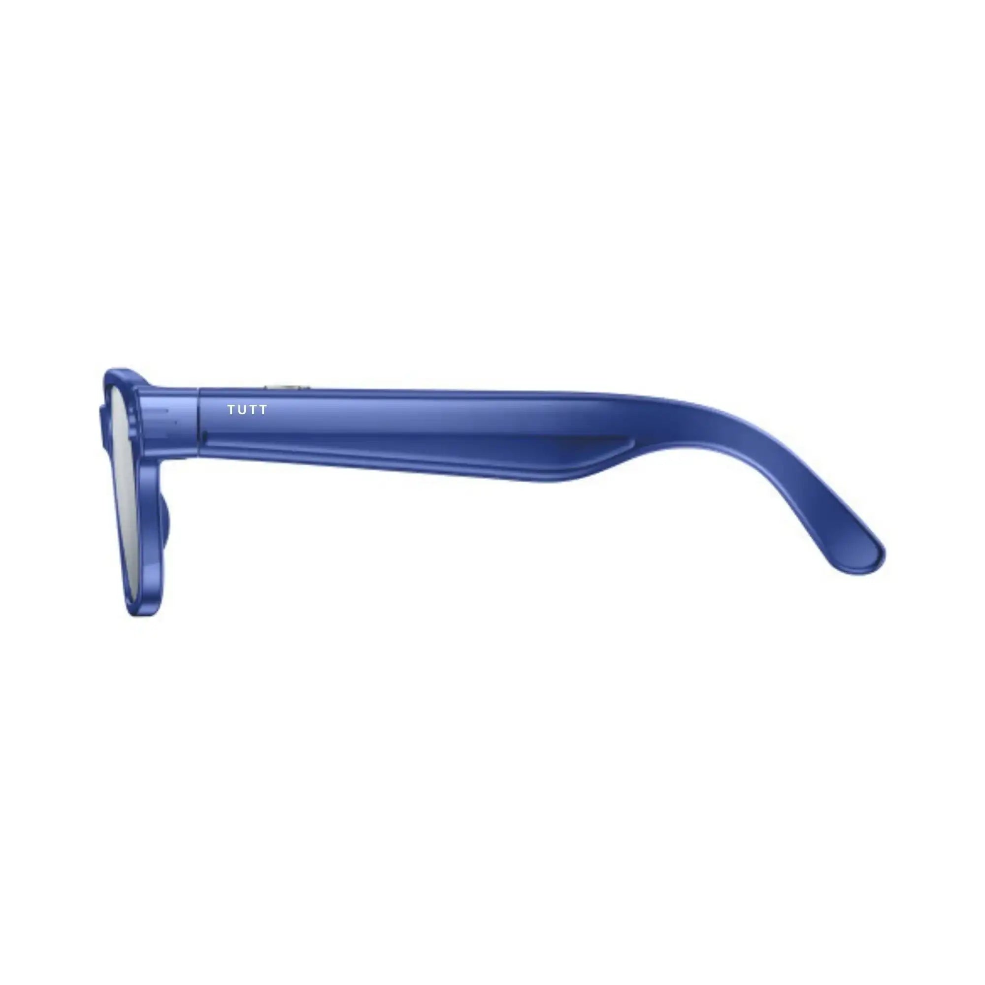 Side view of blue smart camera glasses with thick frame and TUTT branding TUTT