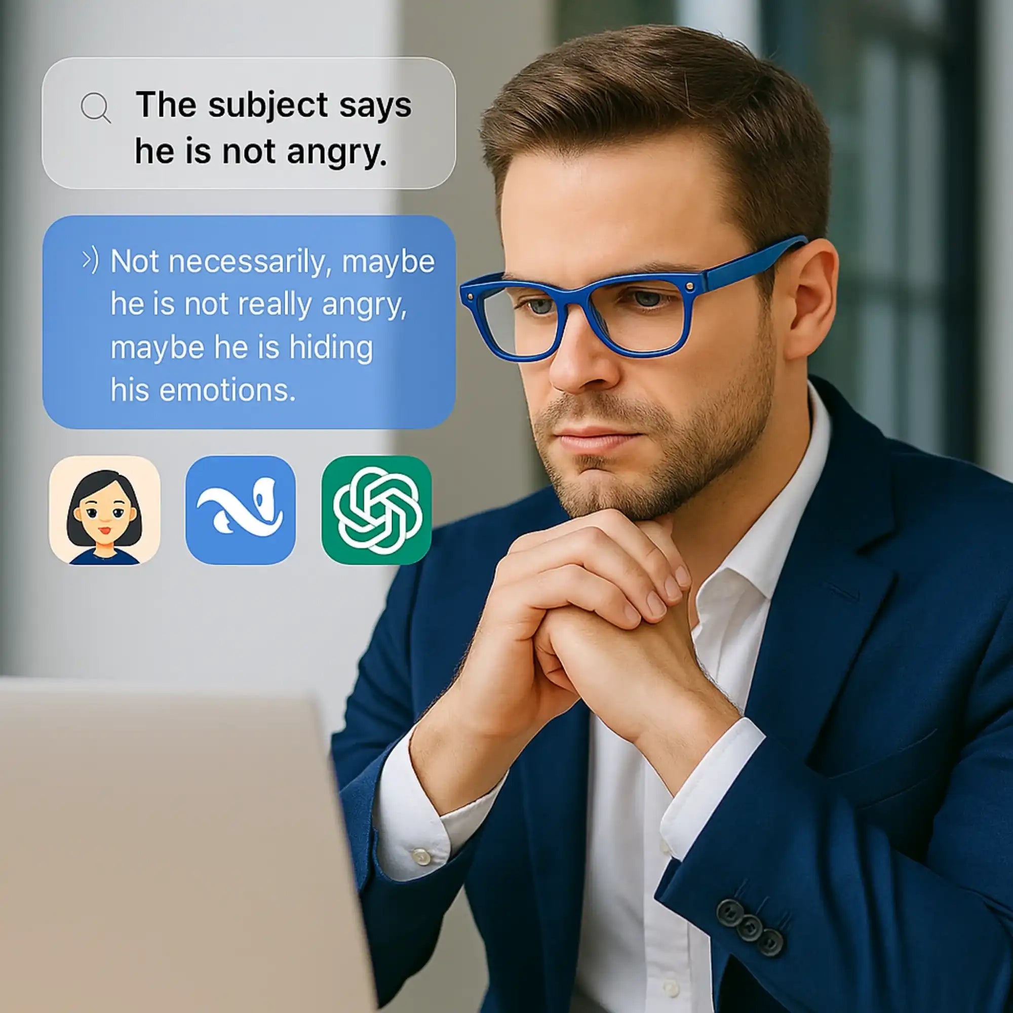 Man wearing blue TUTT AI camera glasses working on laptop with emotional analysis interface visible TUTT