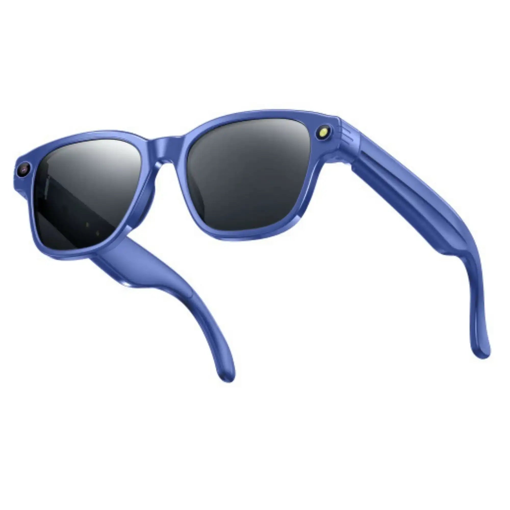 Blue AI camera sunglasses with black tinted lenses and built-in lenses on frame corners TUTT