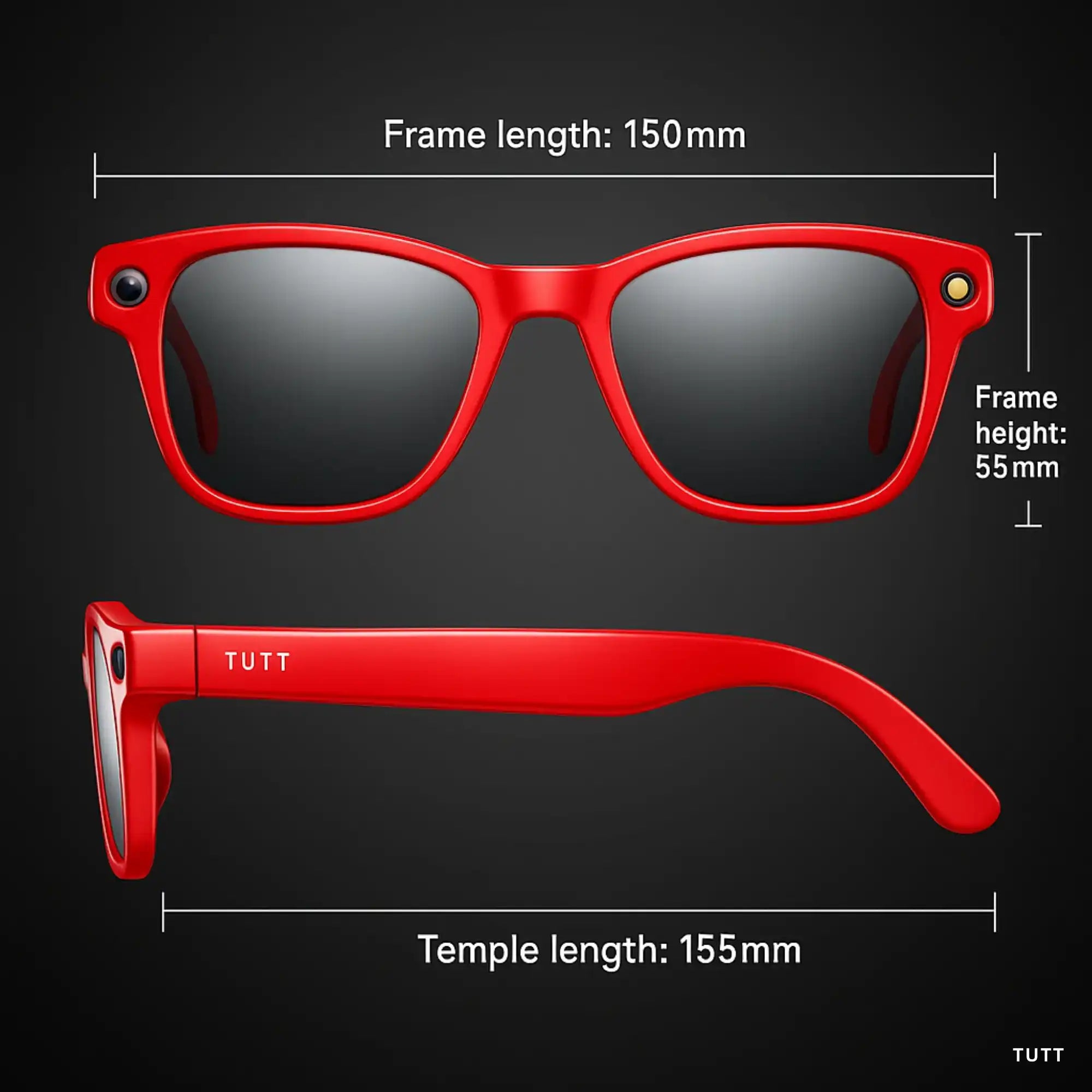 Red smart glasses with black lenses, dimensions 150mm frame length, 55mm height, 155mm temple length, branded TUTT
