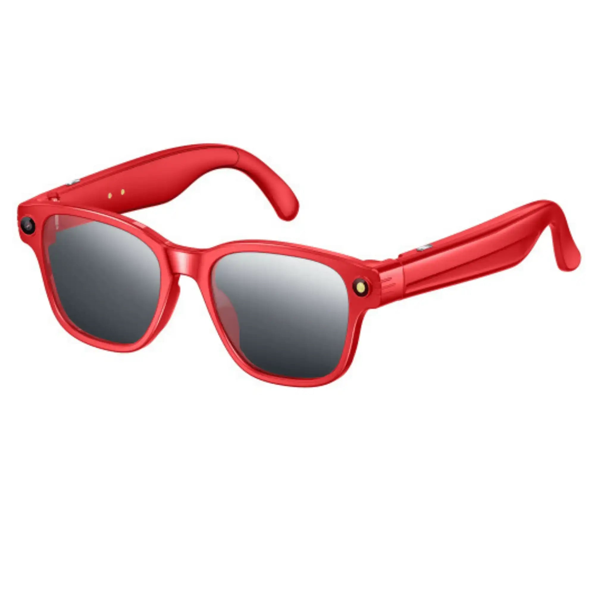 Red AI smart sunglasses with built-in cameras and dark lenses, modern tech eyewear TUTT