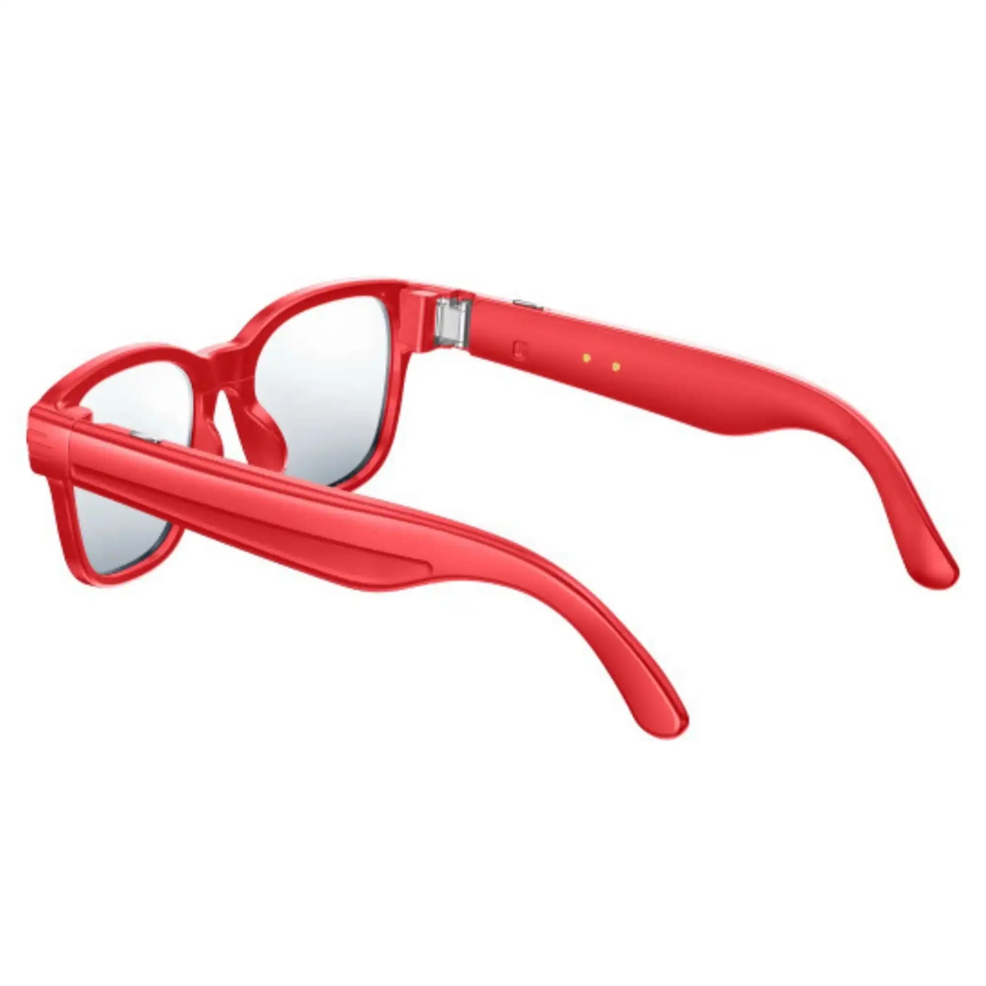 Red smart camera sunglasses with rectangular lenses and thick arms, modern wearable tech TUTT