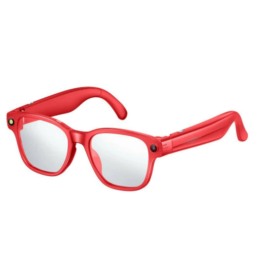 Red smart camera glasses with square lenses and built-in dual cameras on frame corners TUTT