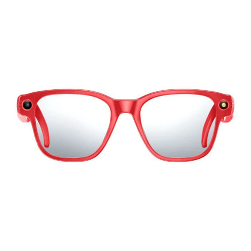 Front view of red smart glasses with built-in cameras on each temple and reflective lenses TUTT